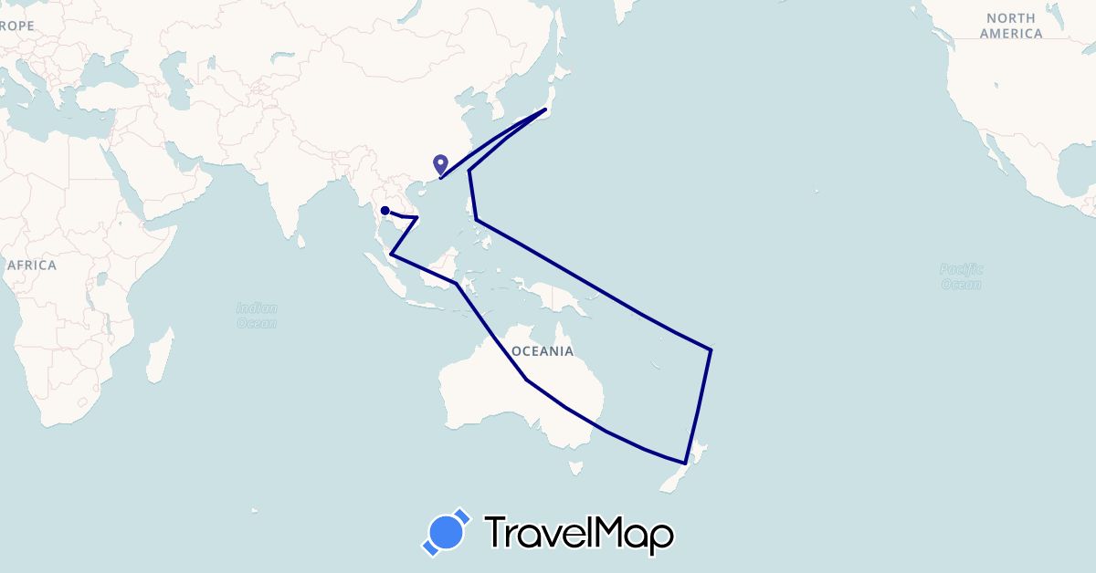 TravelMap itinerary: driving in Australia, China, Fiji, Indonesia, Japan, Cambodia, Malaysia, New Zealand, Philippines, Thailand, Taiwan, Vietnam (Asia, Oceania)